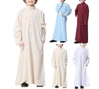 Teen Boys Islamic Kaftan Muslim Thobe Long Sleeve Maxi Button Down Prayer Clothes Kids Ramadan Arabic Casual Retro Abaya Outfit Dubai Jilbab Casual Soft Comfort Clothing (Wine, 9-10 Years)