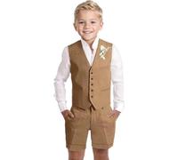Teen Boys Suit Size 18 Summer Kids Khaki Linen Waistcoat Tuxedo Wedding Ring Bearer Outfit Dress Clothes 3 Piece Boy's Vest Shorts Tie Set