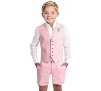 Teen Boys Suit Size 18 Summer Kids Pink Linen Waistcoat Tuxedo Wedding Ring Bearer Outfit Dress Clothes 3 Piece Boy's Vest Shorts Tie Set