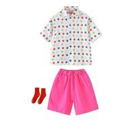 Teen Boys Summer 2 Piece Bermuda Short Outfit Set, Polka Dot Collared Button Front Short Sleeve Shirt, Matching Casual Shorts with Complimentary Cotton Socks Included(Hot Pink, 11-12 Years)