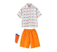 Teen Boys Summer 2 Piece Bermuda Short Outfit Set, Polka Dot Collared Button Front Short Sleeve Shirt, Matching Casual Shorts with Complimentary Cotton Socks Included(Orange, 3-4 Years)