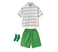 Teen Boys Summer 2 Piece Bermuda Short Outfit Set, Polka Dot Collared Button Front Short Sleeve Shirt, Matching Casual Shorts with Complimentary Cotton Socks Included(Green, 7-8 Years)