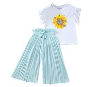 Teen Girl Clothes Girls Clothing Sets Summer Sunflower Printed T-Shirt Tops Chiffon Ruched Elastic Waist Loose Pants Outfits Stylish Sweet Elegant Two Piece Clothing Set Mint Green