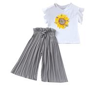 Teen Girl Clothes Girls Clothing Sets Summer Sunflower Printed T-Shirt Tops Chiffon Ruched Elastic Waist Loose Pants Outfits Stylish Sweet Elegant Two Piece Clothing Set Grey