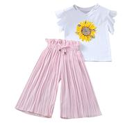 Teen Girl Clothes Girls Clothing Sets Summer Sunflower Printed T-Shirt Tops Chiffon Ruched Elastic Waist Loose Pants Outfits Stylish Sweet Elegant Two Piece Clothing Set Pink
