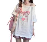 Teen Girl Cute Kawaii T Shirts Off Shoulder Y2k Anime Oversized Japanese Top jpop Kpop Cutecore Harajuku Clothes, White, XXL