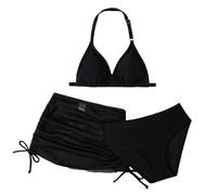 Teen Girl Swimsuit 3 Piece Bikini Set Backless Halter Bikini Top High Waist Briefs with Ruched Mesh Cover Up Skirts Swimwear Set, Kids Summer Swimming Costume Beach Pool Bathing Suit