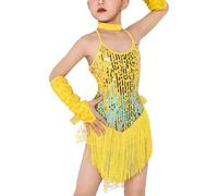 Teen Girl Tassel Party Latin Dress Backless Fringe Cha Cha Dancewear Sequin Tango Dance Costume Yellow 10-11 Years
