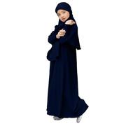 Teen Girls 2 Piece Muslim Prayer Abaya Dress with Hijab Solid Soft Long Sleeve Islamic Ramadan Eid Dresses Outfits Kids Toddler Summer Lightweight Maxi Thobe Clothes (Dark Blue, 11-12 Years)