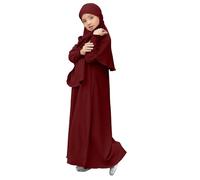 Teen Girls 2 Piece Muslim Prayer Abaya Dress with Hijab Solid Soft Long Sleeve Islamic Ramadan Eid Dresses Outfits Kids Toddler Summer Lightweight Maxi Thobe Clothes (Wine, 11-12 Years)