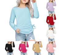 Teen Girls Long Sleeve Blouse Bow Ruched Crew Neck Solid Soft Tunic Shirts Kids Girls Casual Preppy Stretchy Tees Tops Outfits Lightweight Cute Blouse Clothes (Pink, 13-14 Years)