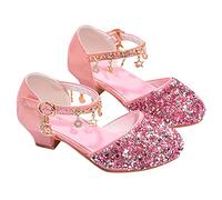Teen Girls Mary Jane Shoes Cute Star Adjustable Strap Glitter Sequin Dress Shoes Youth Sparkly High Heel Formal Dance Sandals Wedding Birthday Party Sandal (Pink, 11 Little Child)