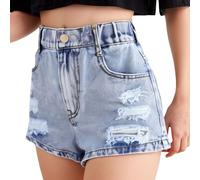 Teen Girls' Mid Rise Distressed Denim Shorts - Fashion Washed Straight Leg, Light Blue with Subtle Ripped Details & Frayed Cuffs, Casual Summer for 10-16Y, Classic 5-Pocket#g