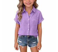 Teen Girls Soft Linen Shirts Plain Trendy Short Sleeve Button Down Dress Shirt with Pocket Youth Kids Loose Fit Summer Casual Top Blouses Camping Clothes (Light Violet, 7-8 Years)