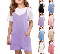 Teen Girls Solid Spaghetti Strap Short Overalls Youth School Preppy Loose Soft Sleeveless Jumpsuit Clothes Summer Lightweight Cute Comfy Multi Color Fit Overalls (Purple, 5-6 Years)