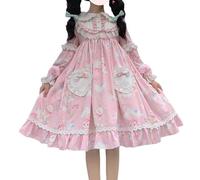 Teen Girls Sweet Lolita Princess Dress Cute Anime Bunny Print Long Sleeve Cosplay Costume Gothic Kawaii Party Dresses (Large, Pink), Pink, L