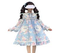Teen Girls Sweet Lolita Princess Dress Cute Anime Bunny Print Long Sleeve Cosplay Costume Gothic Kawaii Party Dresses (Large, Blue)