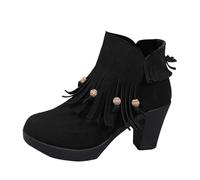 Teen Girls Western Fringed Cowboy Ankle Boots Toe Wellies Hiking Easy Clean On Country Walk Dog Walking Over The Knee Women Stretch High Heel (7) Black