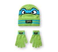 Teenage Mutant Ninja Turtles Boys Beanie Hat & Glove Set | TMNT Leonardo Character Face Winter Hat & Striped Knitted Gloves in Green | Childrens Animated Warrior Head & Hand Warmer Merchandise Cartoon