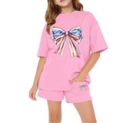 Teenager American Outfits Boys Girls Summer 2 Piece Shirts Short Sets Sports Cotton Clothes Suits Cute Bow Print Shirt Children's Loose Fitting Plain Clothing School Uniform (Pink, 7-8 Years)