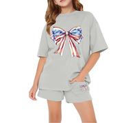 Teenager American Outfits Boys Girls Summer 2 Piece Shirts Short Sets Sports Cotton Clothes Suits Cute Bow Print Shirt Children's Loose Fitting Plain Clothing School Uniform (Grey, 11-12 Years)