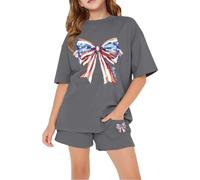 Teenager American Outfits Boys Girls Summer 2 Piece Shirts Short Sets Sports Cotton Clothes Suits Cute Bow Print Shirt Children's Loose Fitting Plain Clothing School Uniform (Dark Gray, 9-10 Years)