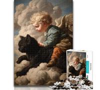 Teenager Jigsaw Black Cat And Angel Baby Jigsaw Puzzle 1000 Pieces for Teenagers,Stress Reliever Staycation Kill Time Funny Gift 50x75cm