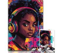 Teenager Jigsaw Black Girl Listening to Music 1000 Piece Jigsaw Puzzles for Adults & Teens,Learning Educational Toys Family Games Enhance Love between Couples 26x38cm