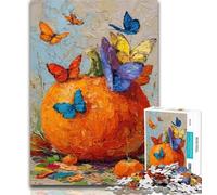 Teenager Jigsaw Pumpkins And Blue Butterflies 1000 Pieces Jigsaw Puzzle for Adults& Teens,Educational Game for Birthday, Chrismas for Ages 14+ 26x38cm