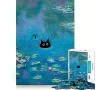Teenager Jigsaw Puzzles 1000 Pieces Black Cat in Monet's Water Lilies Exact Edge Art, Focus Fun Game, Calm Fun Time, Christmas Calm Gift (38x26cm)