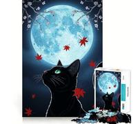Teenager Jigsaw Puzzles 1000 Pieces Black Cat Under Moonlight with Maple Leaves Exact Edge Art, Focus Fun Game, Calm Fun Time, Christmas Calm Gift (38x26cm)