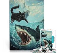 teenager Jigsaw Puzzles 1000 Pieces Black Cat vs. Shark Lernspiele Heimdekoration mit passendem Poster und Quizblatt75x50cm