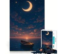 Teenager Jigsaw Puzzles 1000 Pieces Boat Floating Under A Crescent Moon Exact Edge Art, Focus Fun Game, Calm Fun Time, Christmas Calm Gift (38x52cm)