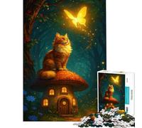 Teenager Jigsaw Puzzles 1000 Pieces Cat on Mushroom House with Butterfly Fun Activities at Home But Fun And Humorous Family Game for And from 14 Years And over (38x52cm)