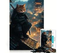Teenager Jigsaw Puzzles 1000 Pieces Cat Samurai in Japanese City Flawless Edge Fun Thinking Fun Game Cozy Fun Time Xmas Art Display (38x26cm)