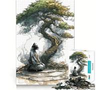 Teenager Jigsaw Puzzles 1000 Pieces Cat Samurai Meditating Under A Bonsai Tree Flawless Edge Fun Thinking Fun Game Cozy Fun Time Xmas Art Display (38x26cm)