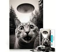 Teenager Jigsaw Puzzles 1000 Pieces Cat Scared By Ufo Flawless Edge Fun Thinking Fun Game Cozy Fun Time Xmas Art Display (38x26cm)