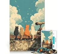 Teenager Jigsaw Puzzles 1000 Pieces Cats on A Wall with Telescope Flawless Edge Fun Thinking Fun Game Cozy Fun Time Xmas Art Display (50x75cm)