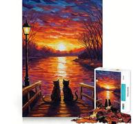 Teenager Jigsaw Puzzles 1000 Pieces Cats Watching Sunset Painting Flawless Edge Fun Thinking Fun Game Cozy Fun Time Xmas Art Display (50x75cm)