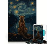 Teenager Jigsaw Puzzles 1000 Pieces Cheetah Under Starry Night Sky Flawless Edge Fun Thinking Fun Game Cozy Fun Time Xmas Art Display (38x26cm)