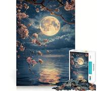 Teenager Jigsaw Puzzles 1000 Pieces Cherry Blossom Moon Night Flawless Edge Fun Thinking Fun Game Cozy Fun Time Xmas Art Display (38x26cm)