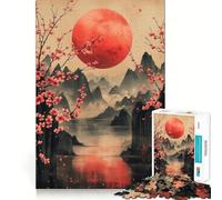 Teenager Jigsaw Puzzles 1000 Pieces Cherry Blossoms, Mountains, And Red Moon Flawless Edge Fun Thinking Fun Game Cozy Fun Time Xmas Art Display (38x26cm)