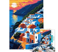 Teenager Jigsaw Puzzles 1000 Pieces Coastal Village at Sunset Illustration Help The Brain Exercise Home Art Decor Relax Games Suitable for People Aged 14 And Above (38x52cm)