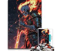 Teenager Jigsaw Puzzles 1000 Pieces Flaming Skull Samurai Warrior Illustration Beautiful Design Game Perfect Decoration Gifts Ideas (38x26cm)