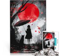 teenager Jigsaw Puzzles 1000 Pieces Silhouette Anime Girl with a Cat Red Moon Präzisionsschnitt Perfekte Dekoration52x38cm