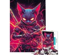 Teenager Jigsaw Puzzles 1000 Pieces Sphynx Cat Ninja with Katana Japanese Samurai Animal Puzzle for Adults Brain Teaser Game Analysis And Logic Gifts for Friends And Family (Size 38x52cm)