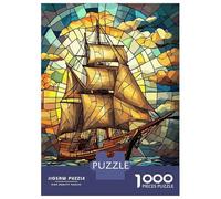 Teenager Jigsaw Puzzles 1000 Pieces Stained Glass Sailing Ship Illustration Jigsaw for Adults Toy Wall Decor Perfect Decoration Gifts for Friends And Family 52x38cm/1000pcs