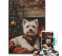 Teenager Jigsaw Puzzles 1000 Pieces Westie Christmas by Fireplace Painting Beautiful Design Game Perfect Decoration Gifts Ideas (38x26cm)