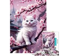 Teenager Jigsaw Puzzles 1000 Pieces White Cat in Cherry Blossom Sakura Tree Fun Activities at Home Home Decoration Practical Game for Ages 14 And over (38x26cm)