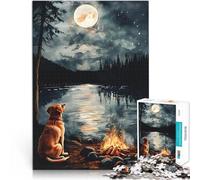 teenager Jigsaw Puzzles 2000 Pieces Golden Retriever Dog by Campfire Under Full Moon Entspannungsspiele Heimdekoration70x100cm